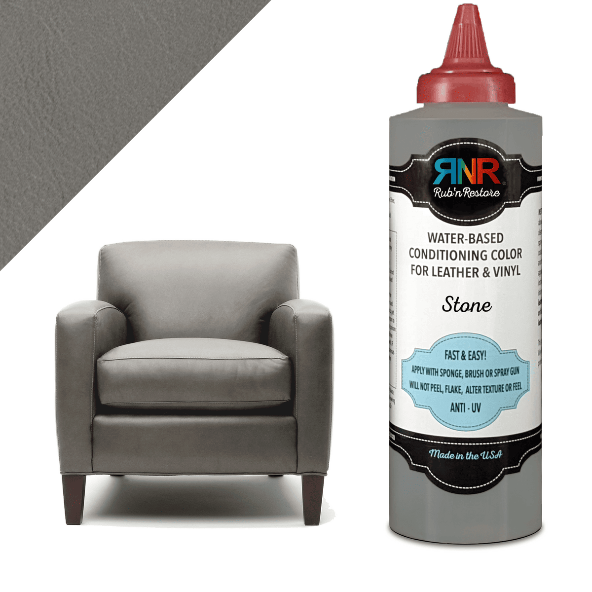 Picture of container of Stone Rub n Restore vinyl leather paint alongside matching grey armchair and example of texture