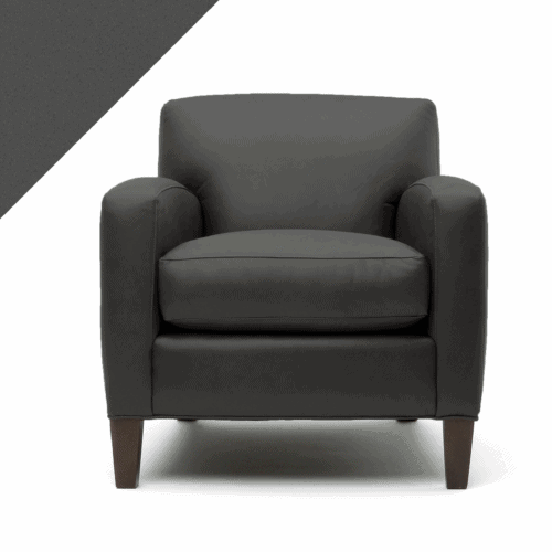 Example of leather chair in Rub n Restore's medium Slate grey color with triangular swatch in upper left corner as reference