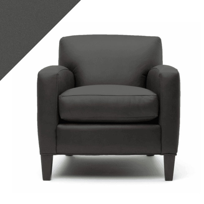 Example of leather chair in Rub n Restore's medium Slate grey color with triangular swatch in upper left corner as reference
