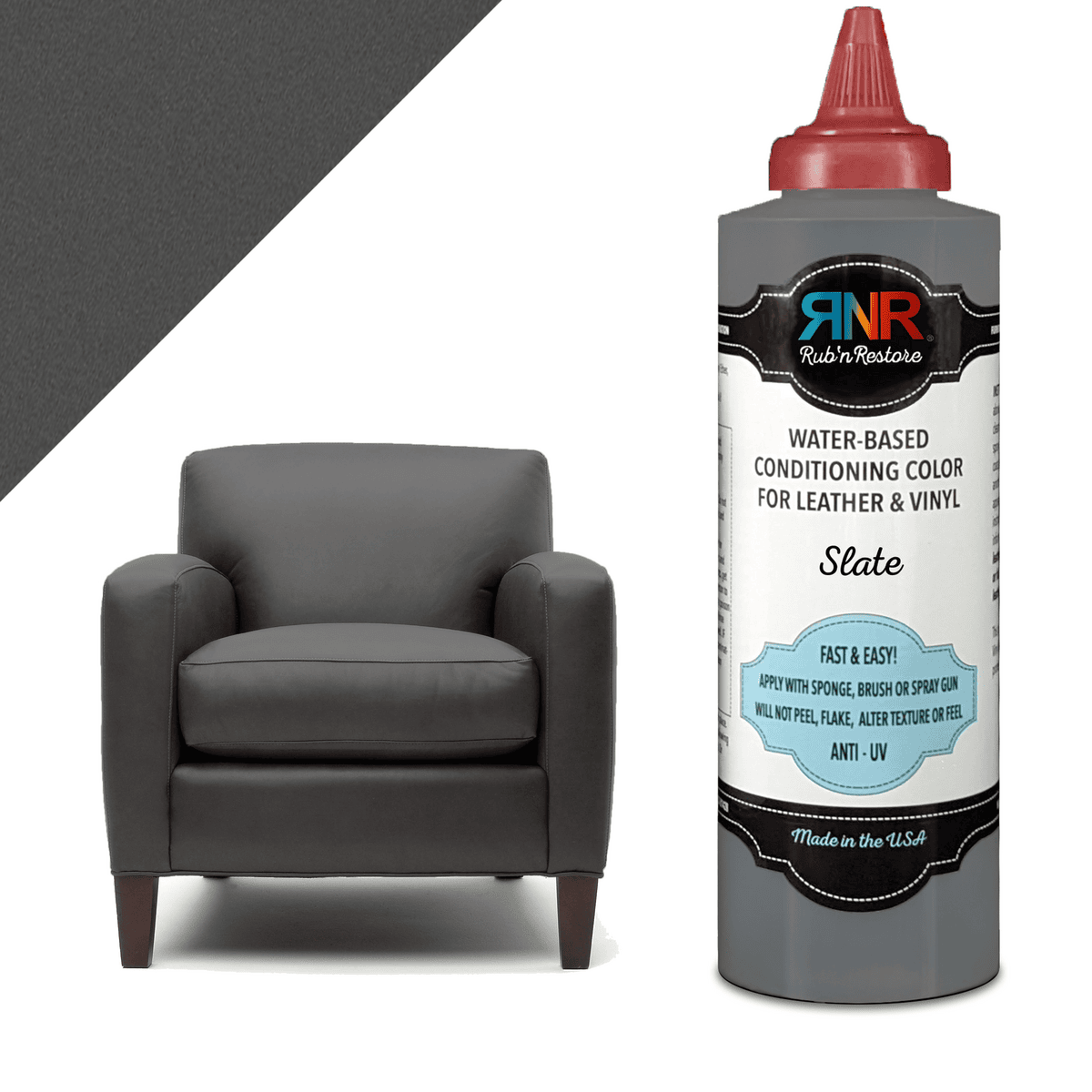 Photo of Rub n Restore bottle of Slate vinyl leather dye next to armchair and triangular swatch of same medium grey color
