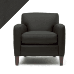 Graphic rendering of a chair refinished in dark grey Smoke color leather paint by Rub n Restore, with a triangle highlighting the color's depth and leather grain in the top left