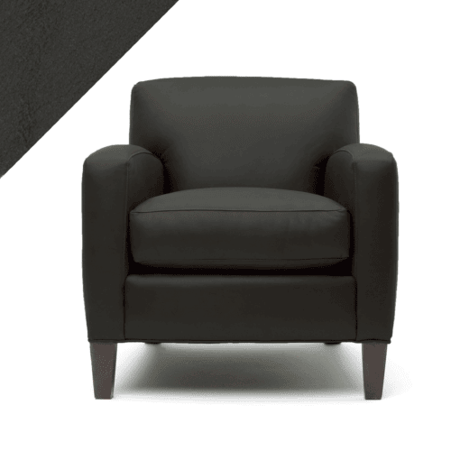 Graphic rendering of a chair refinished in dark grey Smoke color leather paint by Rub n Restore, with a triangle highlighting the color's depth and leather grain in the top left