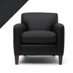 Picture of leather chair demonstrating Rub n Restore charcoal grey Peppercorn color and triangular swatch in upper left corner for reference
