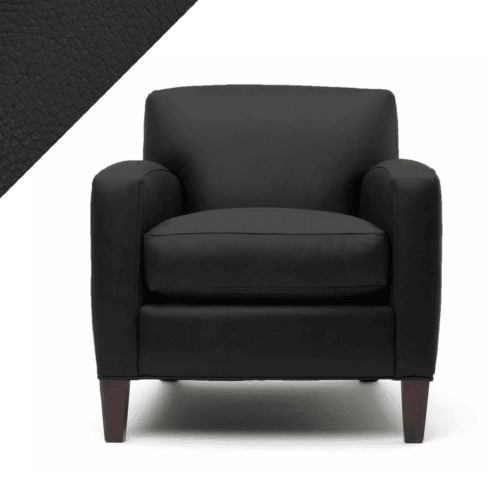 Picture of leather chair demonstrating Rub n Restore charcoal grey Peppercorn color and triangular swatch in upper left corner for reference