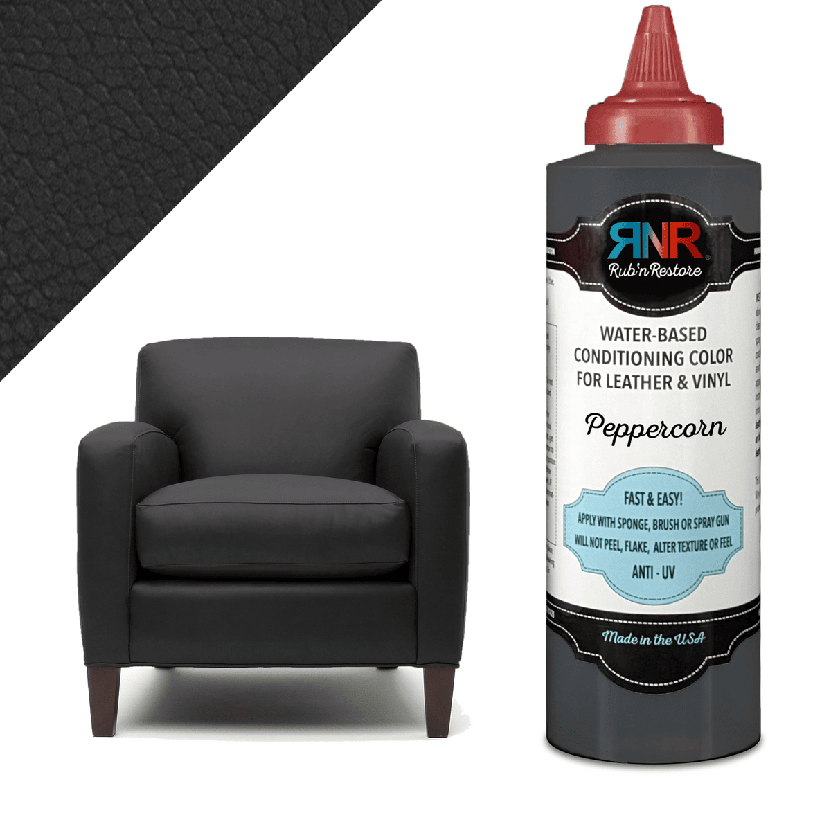 Picture of bottle of Peppercorn Rub n Restore leather vinyl dye next to club chair and triangle of texture in same dark grey color