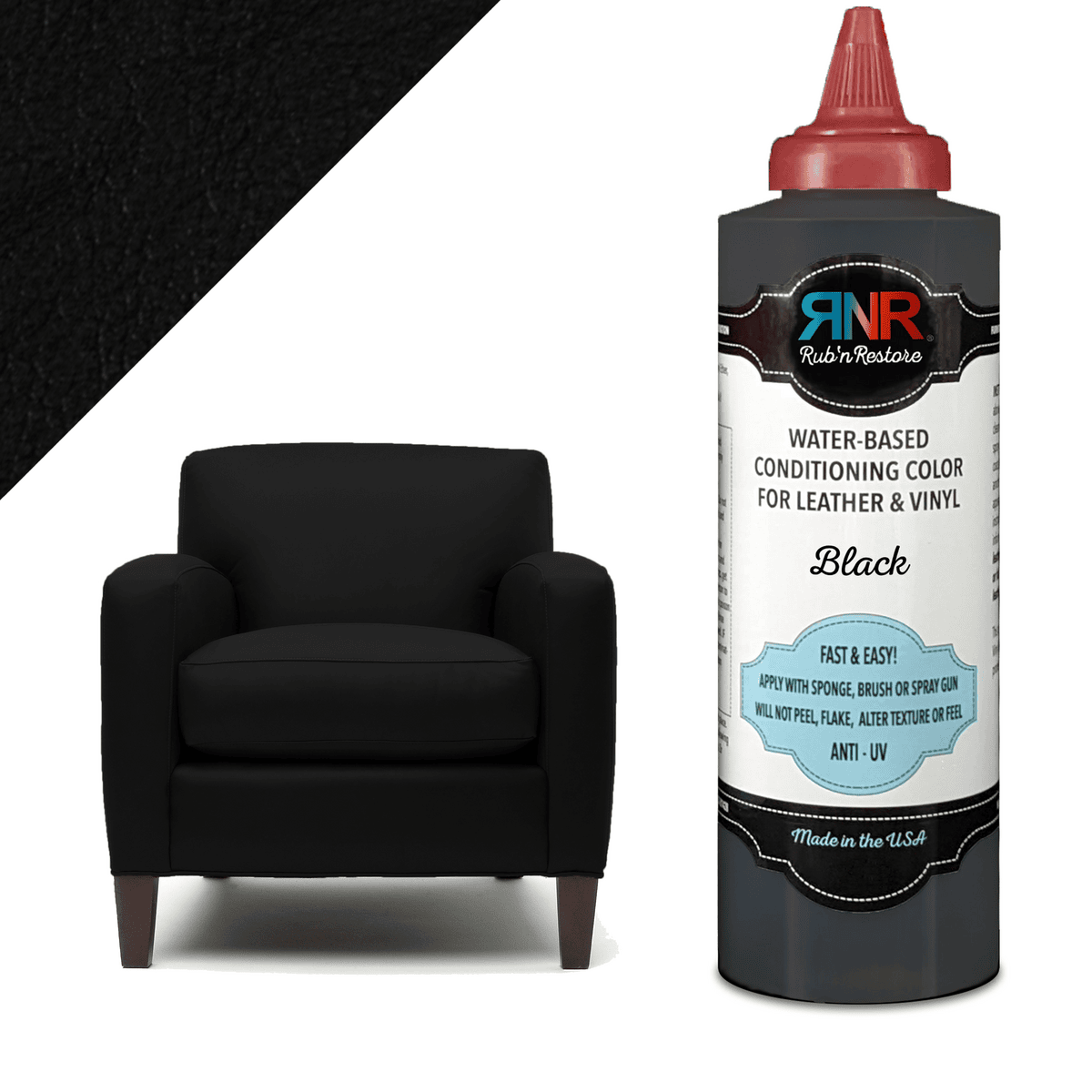Graphic showing RubnRestore bottle of Black vinyl paint and leather dye alongside matching club chair and triangle of color in upper left corner