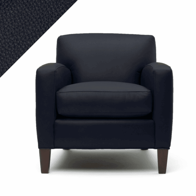 Picture of leather chair showing Rub n Restore dark Midnight Blue color and triangular swatch in upper left corner for reference