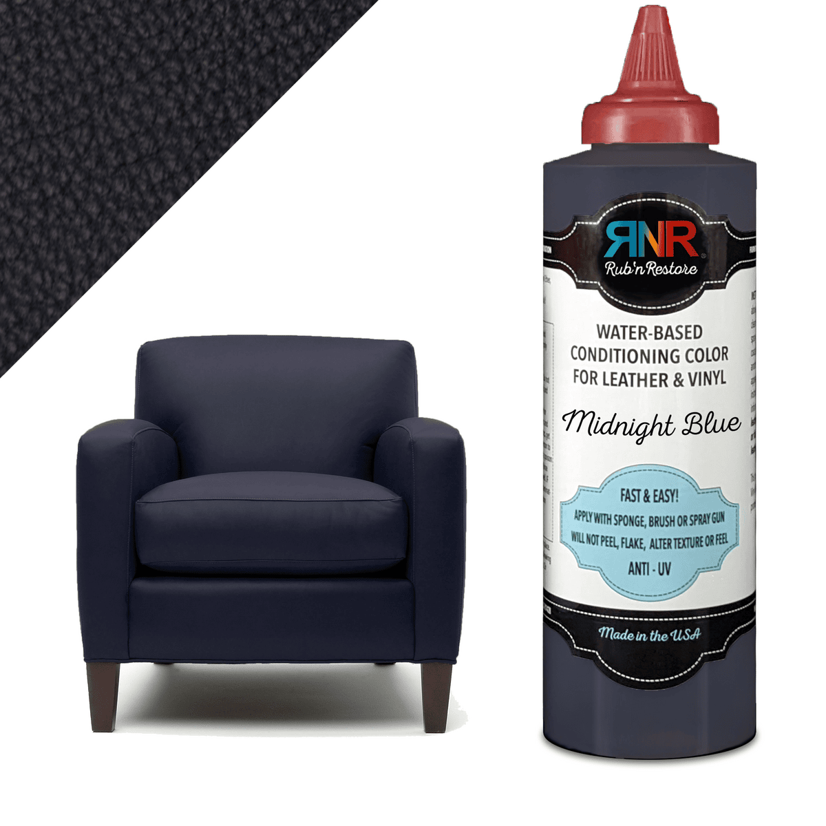 Graphic rendering of leather chair recolored in Midnight Blue Rub n Restore leather paint with picture of bottle and triangular swatch of leather color in upper left