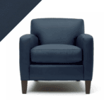 Picture of leather chair showing Rub n Restore Storm Blue color and triangular swatch in upper left corner for reference