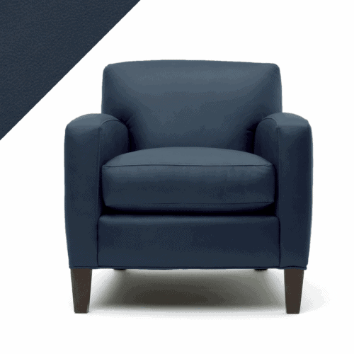 Picture of leather chair showing Rub n Restore Storm Blue color and triangular swatch in upper left corner for reference