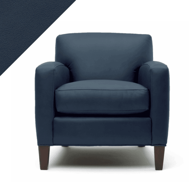 Picture of leather chair showing Rub n Restore Storm Blue color and triangular swatch in upper left corner for reference