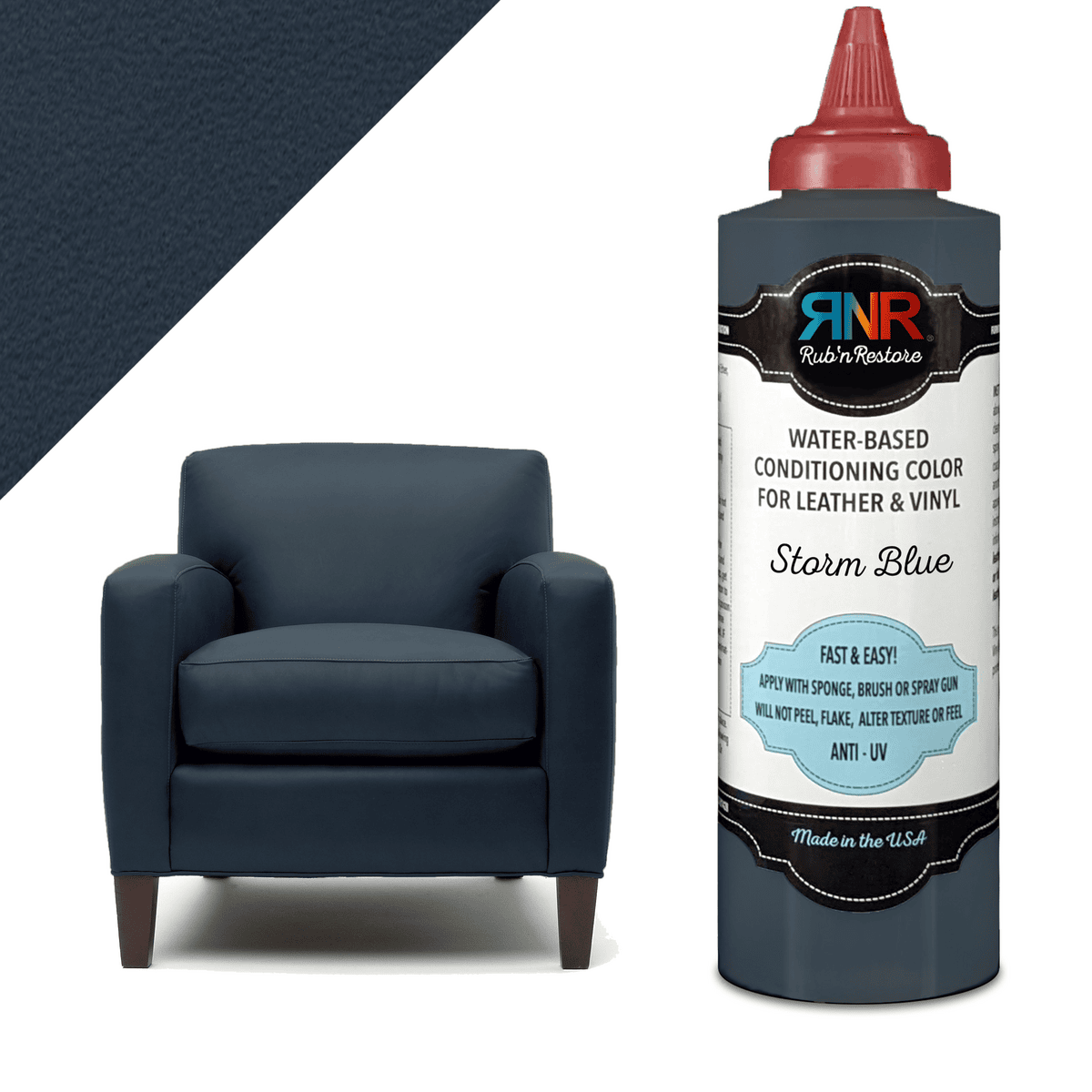 Picture showing container of Storm Blue Rub n Restore vinyl leather paint with matching chair and triangle showing texture in upper left corner