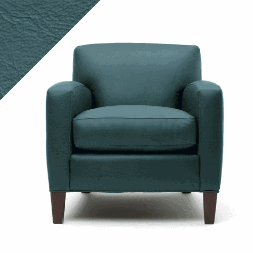 Image of armchair in turquoise teal Lagoon blue color by Rub n Restore along with triangular example of leather color in upper left