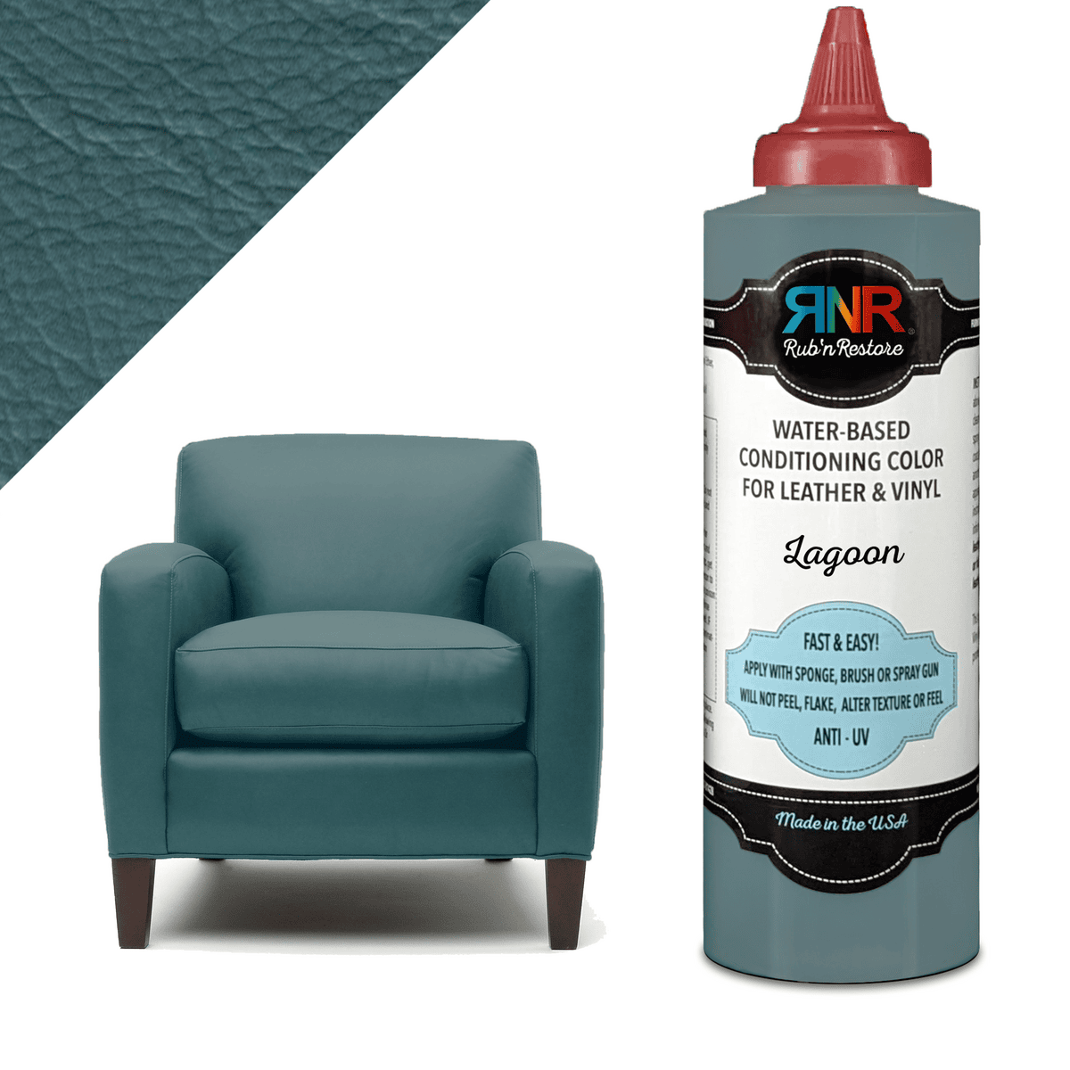 Infographic showing blue turquoise Lagoon Rub n Restore leather paint in bottle, on piece of leather, and rendering on club chair