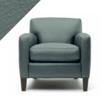 Graphic of leather chair in Rub n Restore Sea Foam (light aqua blue color) with triangular swatch of color in upper left