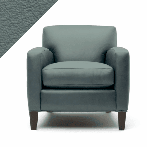 Graphic of leather chair in Rub n Restore Sea Foam (light aqua blue color) with triangular swatch of color in upper left