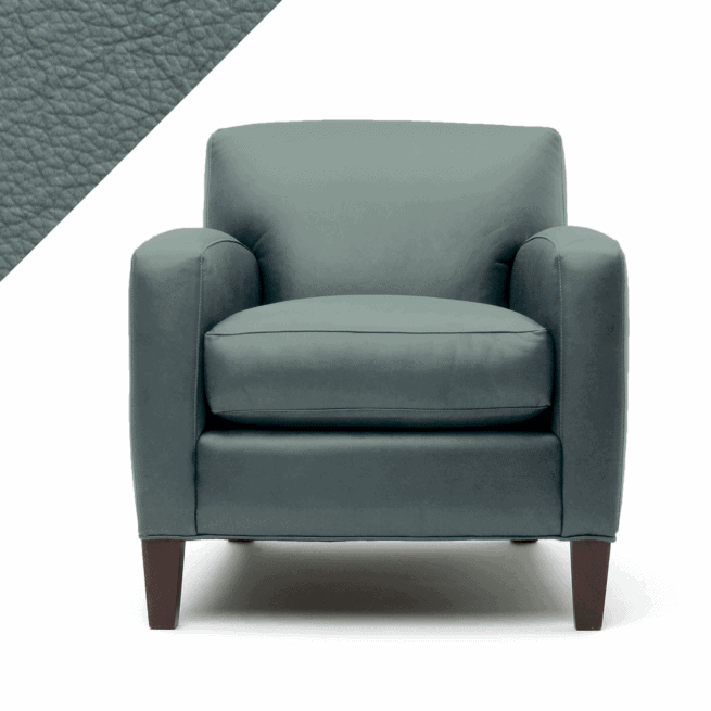 Graphic of leather chair in Rub n Restore Sea Foam (light aqua blue color) with triangular swatch of color in upper left