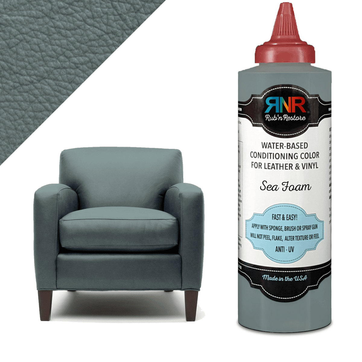Infographic showing example of Rub n Restore medium aqua blue Sea Foam color leather paint in bottle, applied to piece of leather, and rendering on chair
