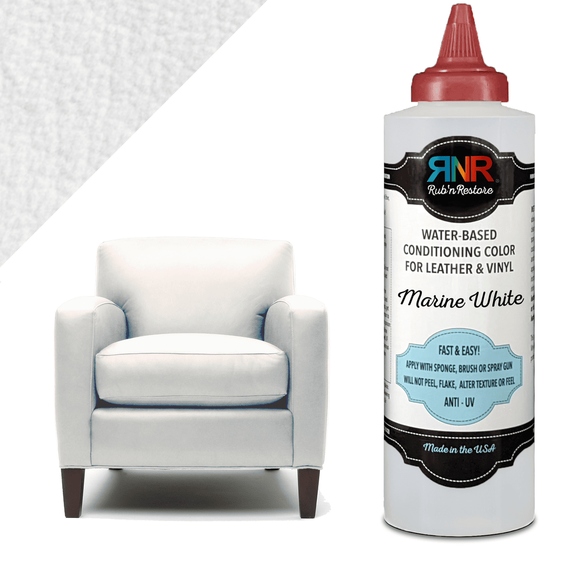 Image of bottle of Rub n Restore Marine White vinyl paint and sunscreen alongside leather chair and triangular example of color