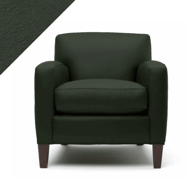 Image of leather club chair in Rub n Restore Pine green with triangular example of color in upper left corner