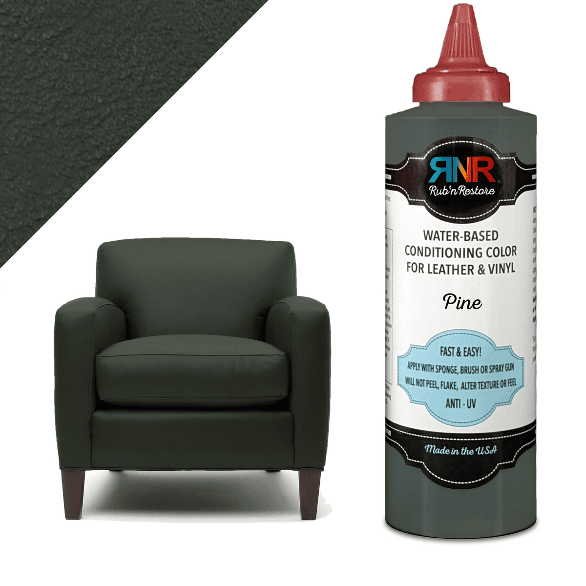 Infographic showing example of Rub n Restore green Pine color leather paint in packaging, applied to piece of leather, and result on armchair