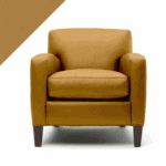 Graphic of leather club chair in Rub n Restore Mustard yellow with triangle example of color in upper left corner