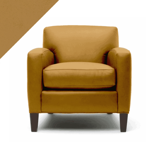 Graphic of leather club chair in Rub n Restore Mustard yellow with triangle example of color in upper left corner