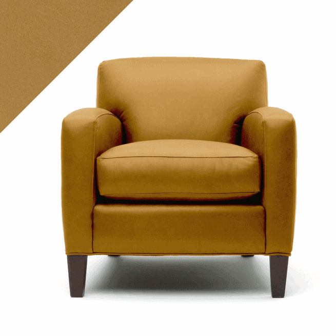 Graphic of leather club chair in Rub n Restore Mustard yellow with triangle example of color in upper left corner