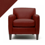 Picture of leather chair showing Rub n Restore hot Red Chili color and triangular swatch in upper left corner for reference
