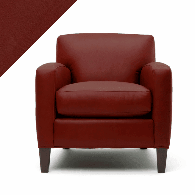 Picture of leather chair showing Rub n Restore hot Red Chili color and triangular swatch in upper left corner for reference