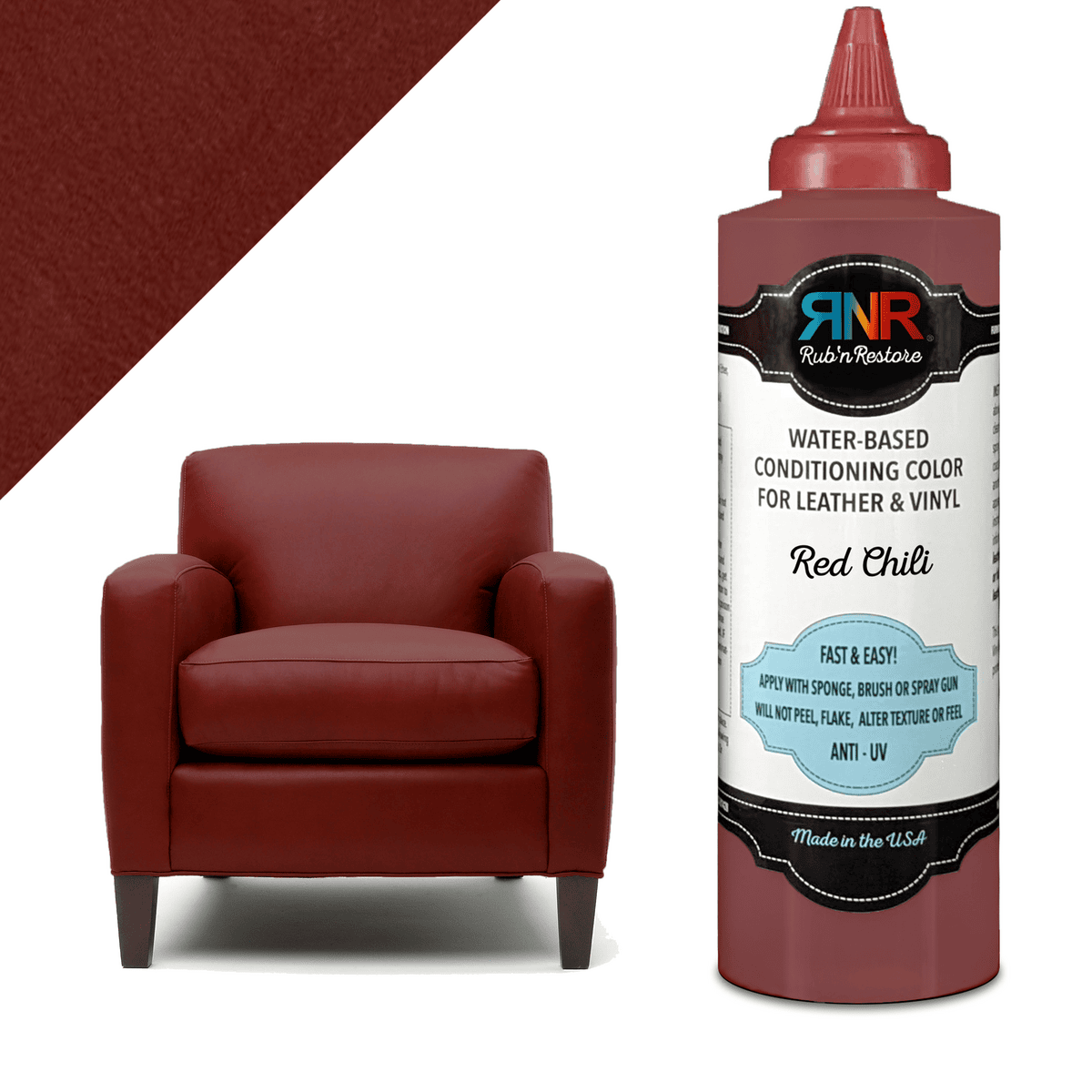 Photo of bottle of Rub n Restore Red Chili vinyl leather dye adjacent to armchair in same color and triangle of grain showing texture