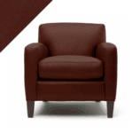 Infographic showing leather chair in Rub n Restore Brick red color with triangular swatch of color and texture in upper left corner