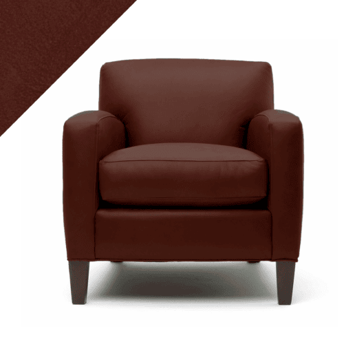 Infographic showing leather chair in Rub n Restore Brick red color with triangular swatch of color and texture in upper left corner