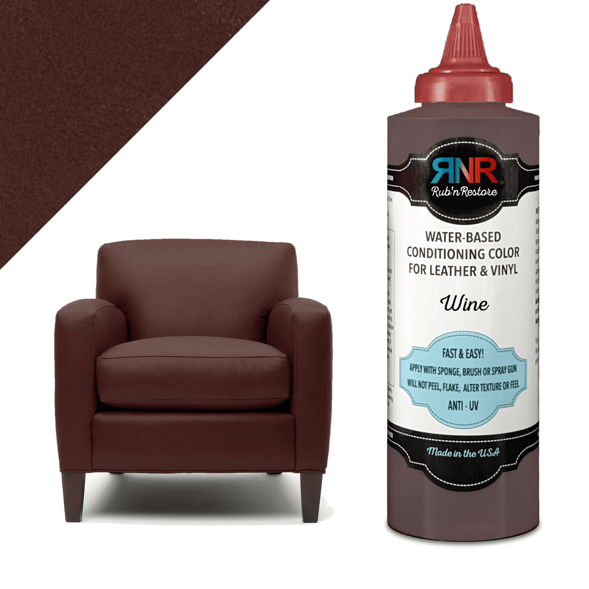 Picture showing bottle of Rub n Restore Wine tan leather vinyl paint next to club chair and triangle in upper left corner showing color and texture