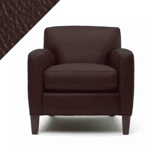 Graphic rendering of chair in Rub n Restore's rich purple Plum hue with a triangular close-up of the color and leather texture in the upper left