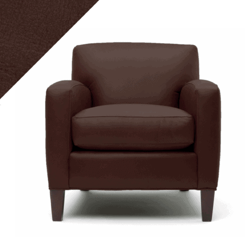 Picture of leather chair showing Rub n Restore burgundy Cherrywood color and triangular swatch in upper left corner for reference