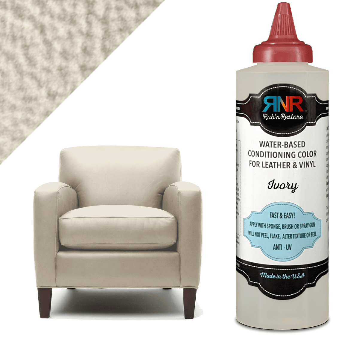 Graphic of Rub n Restore bottle of Ivory vinyl leather dye next to club chair and triangular swatch in same color