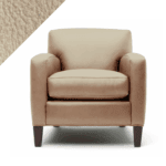 Digital illustration of a chair in the light Sand color leather restorer by Rub n Restore, showcasing a triangle sample of the color and its leather grain in the top left
