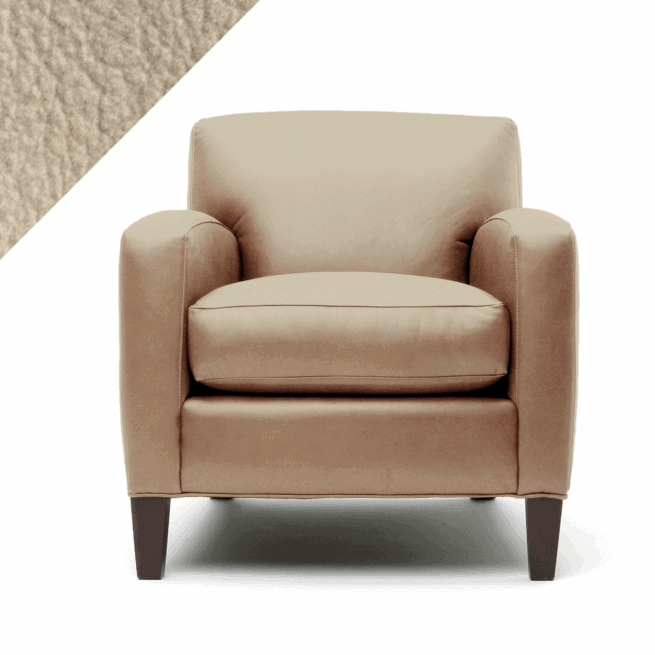 Digital illustration of a chair in the light Sand color leather restorer by Rub n Restore, showcasing a triangle sample of the color and its leather grain in the top left