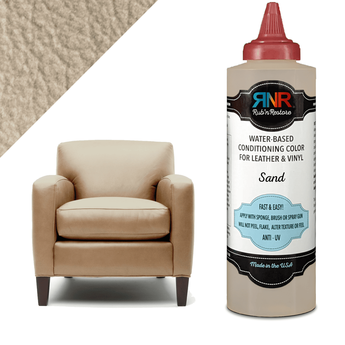 Rendering of leather chair in Rub n Restore Sand color along with picture of leather paint in bottle and triangular example swatch in upper left corner