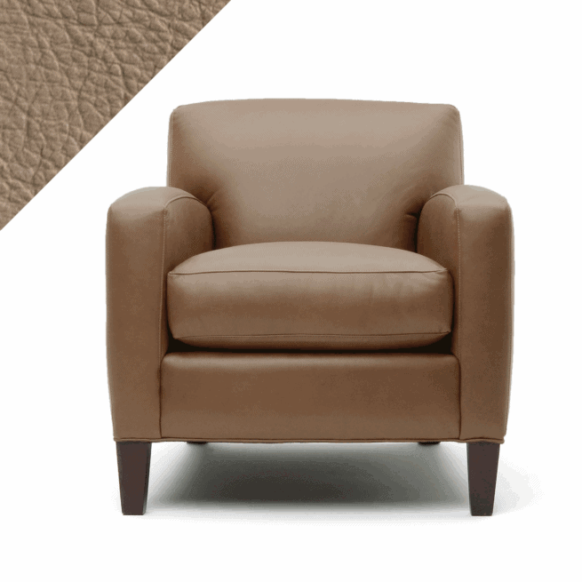 Picture of leather chair showing Rub n Restore light Camel tan color and triangular swatch in upper left corner for reference