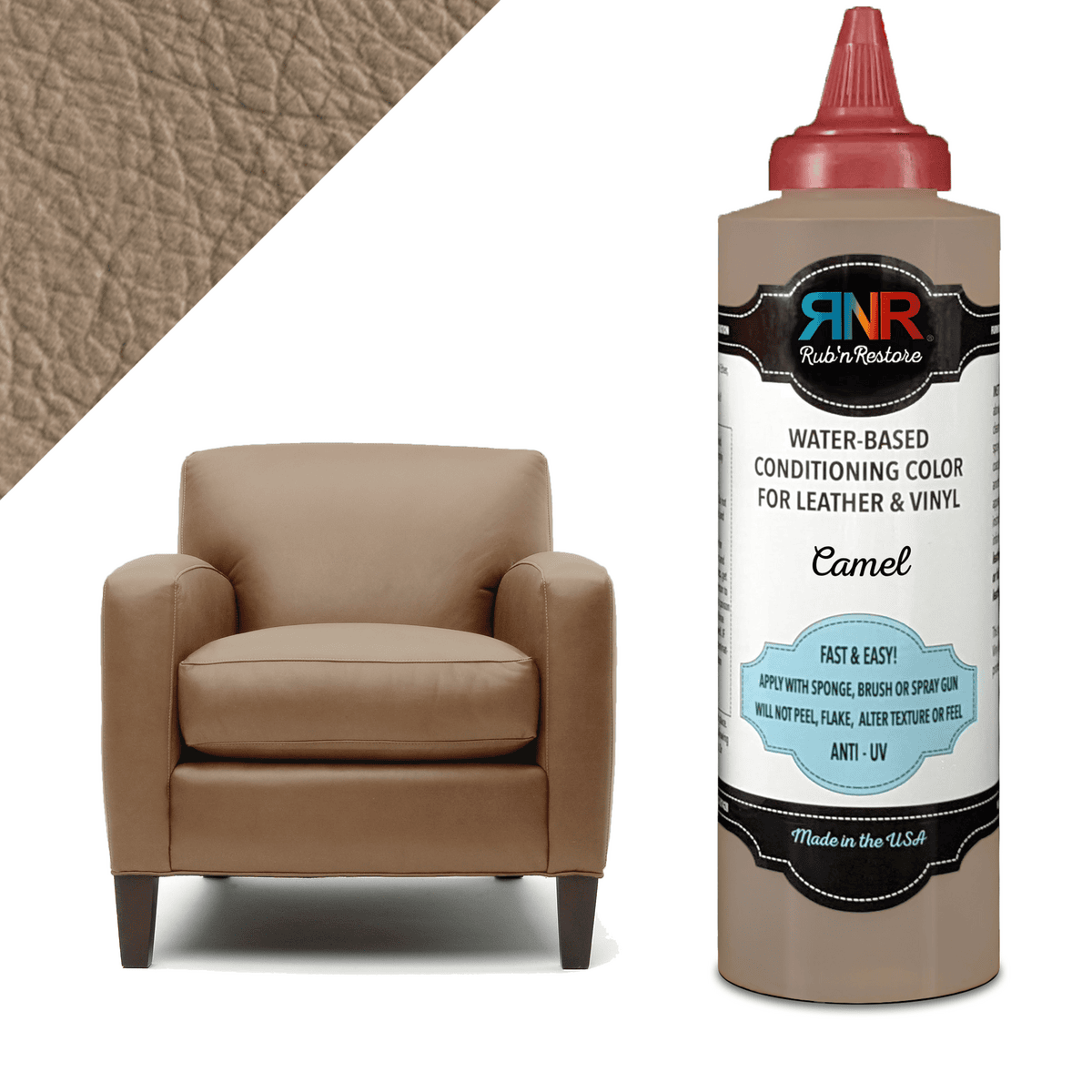Graphic showing container of Rub n Restore Camel tan leather vinyl paint next to club chair and triangle in upper left corner showing color and texture