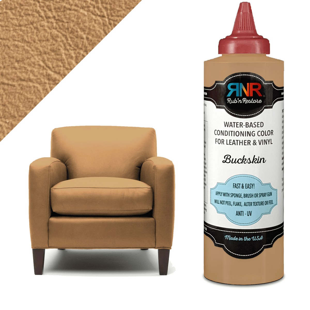 Graphic demonstrating Rub n Restore Buckskin leather paint on upholstery alongside bottle