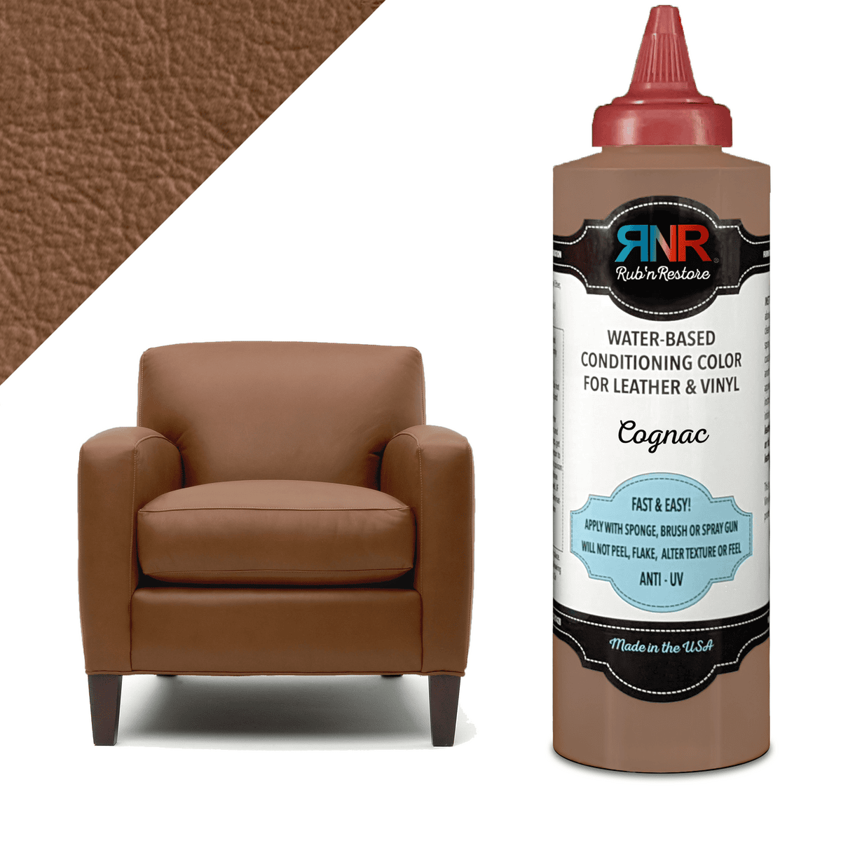 Graphic showing bottle of Cognac Rub n Restore vinyl leather dye alongside club chair and triangular swatch in upper left showing butterscotch color