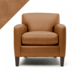 Graphic showing chair in Butterscotch Rub n Restore tan color with triangular sample of color on leather in upper left
