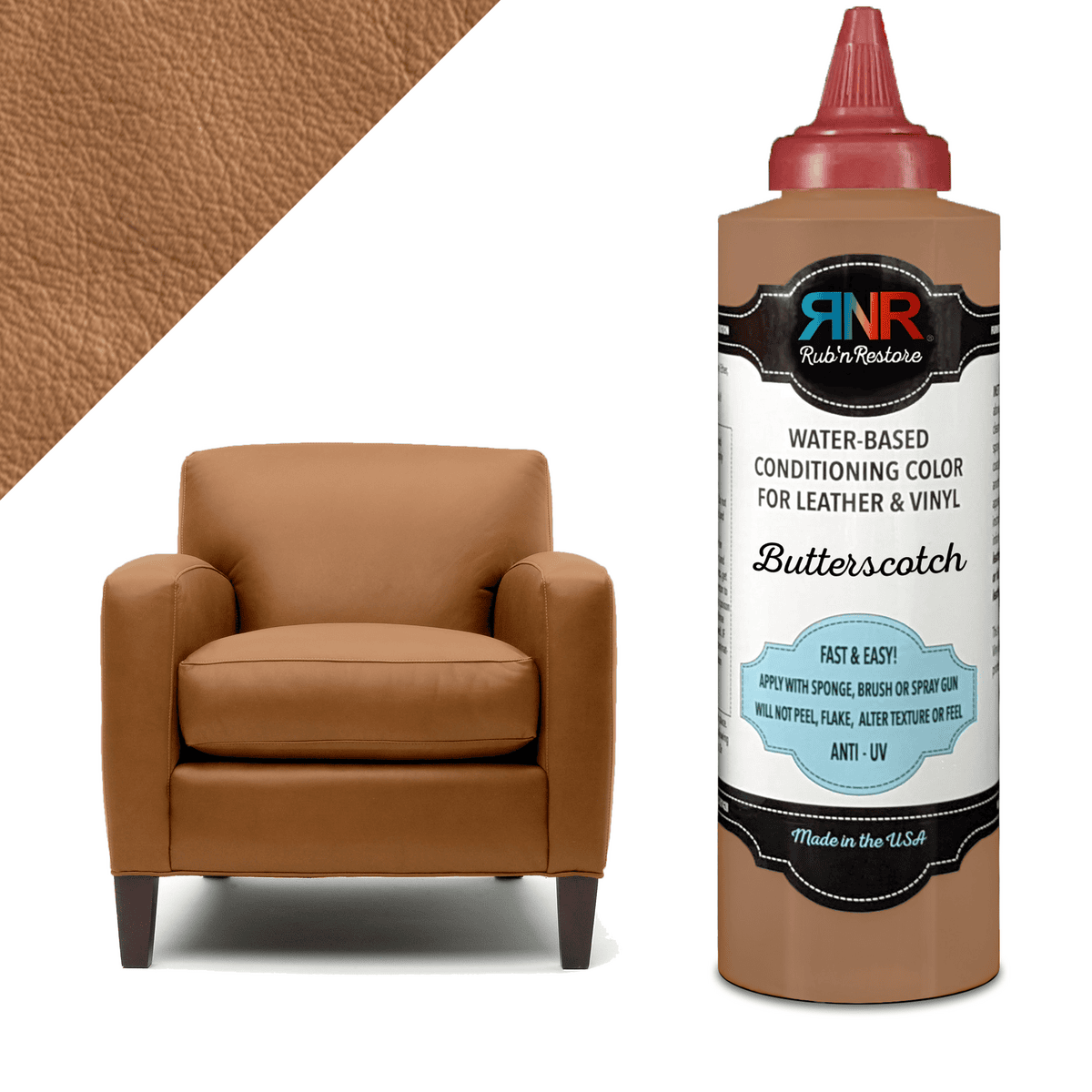 Graphic of Butterscotch tan Rub n Restore leather paint in bottle, applied to leather, and on chair
