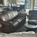 Picture of leather couch and chair after application of Rub n Restore Tobacco brown color