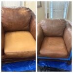 Collage showing cushion on faded leather couch before and after use of Rub 'n Restore leather paint in Cinnamon color