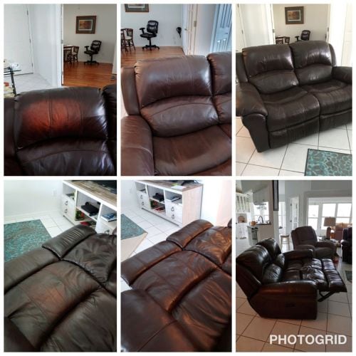 Collage of faded leather furniture fixed with Rub n Restore Mahogany dye