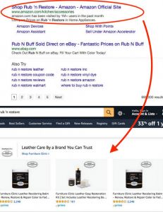 Image of search engine result showing Amazon's infringement of Rub n Restore's trademark and diverted sales to Furniture Clinic